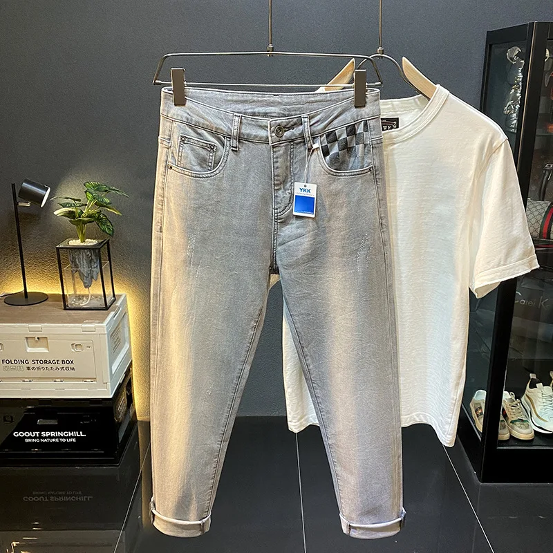 Summer thin men's clothing gray fashionable printed jeans men's slim fit small feet elastic casual trend long pants