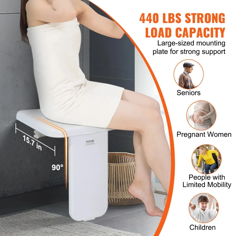 Folding ABS Shower Seat 15.7'' x 16.7'' Unfolded Wall Mounted Fold Up Shower Bench 440 lbs Load Capacity Shower Chair