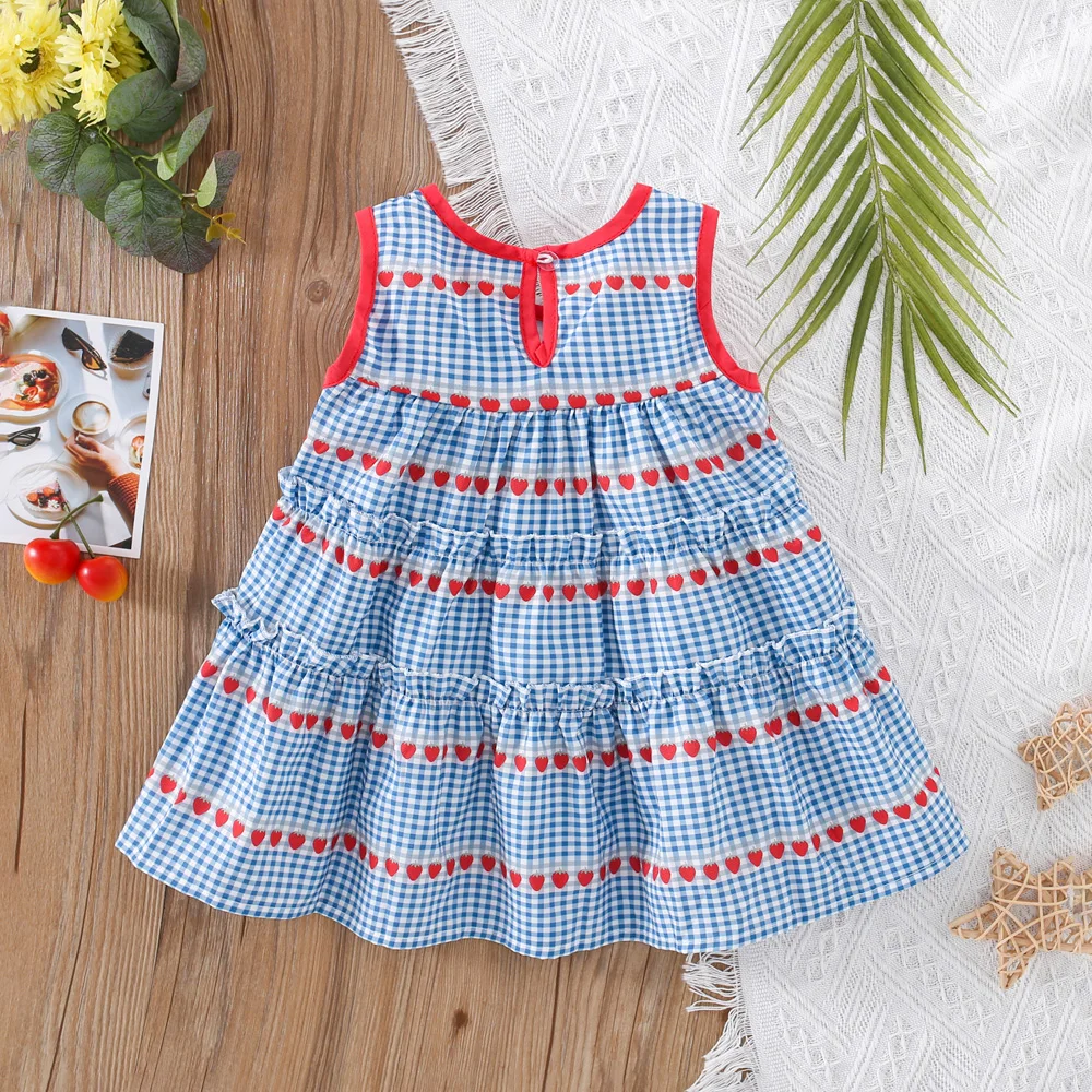 Summer Girls Dress With Heart-Shaped Checkered Print Cherry Crossbody Bag Baby Girls Dress (0-4 Years Old)