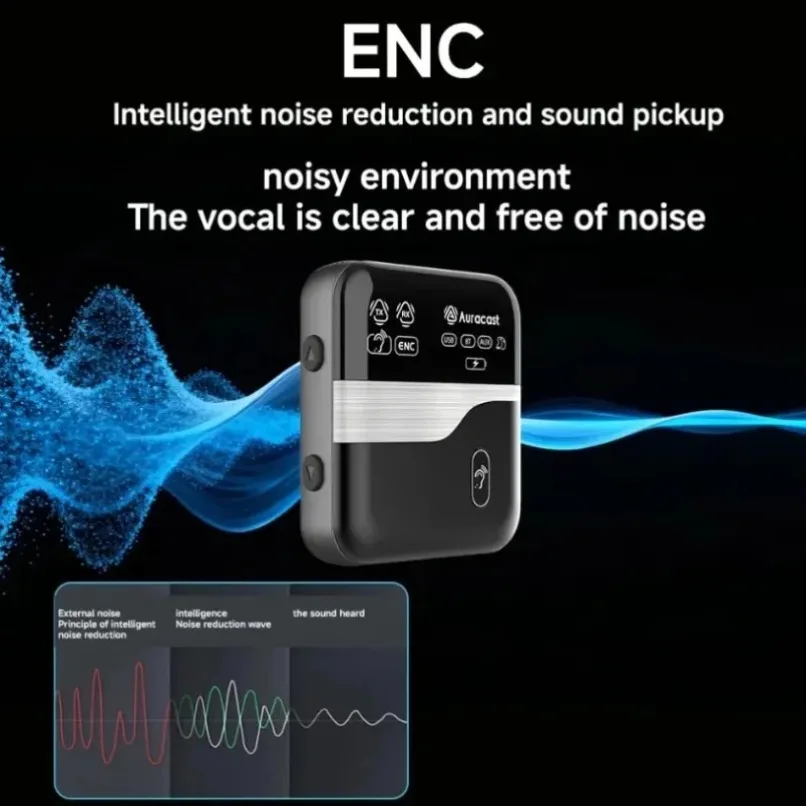 Wireless Auracast Audio Transmitter Receiver Built-in Mic ENC Noise Reduction TX RX Mode for TV Headphones Hearing Aid Home Use