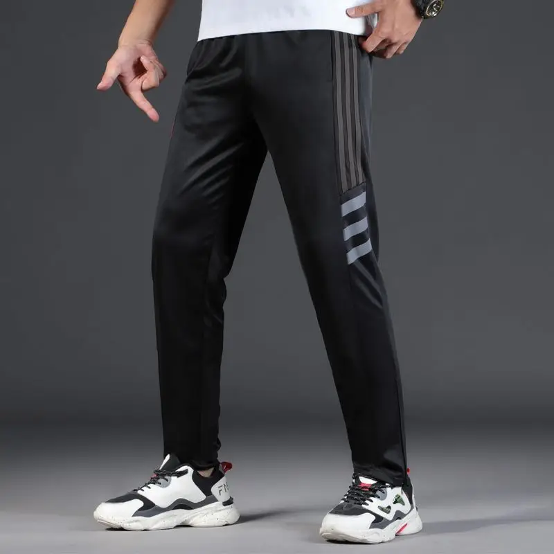 Spring Summer Men Striped Sweatpants Elastic Waist Joggers Outdoor Quick Dry Football Training Zipper Leg Opening Sport Trousers