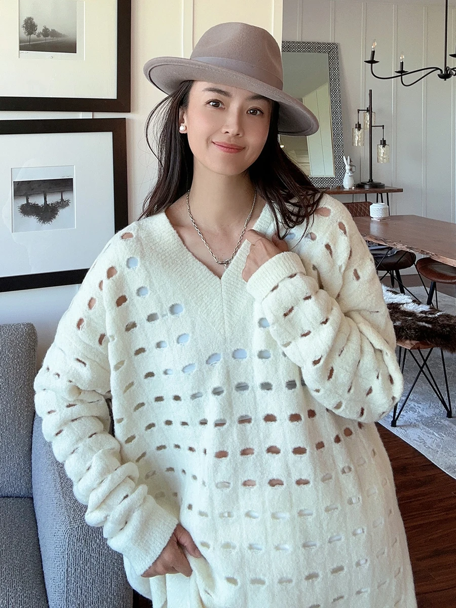 

Свитер из тонкой шерсти свободного кроя с V-образным вырезом, ажурным узором в стиле вырезания из бумаги, средней длины, с длинными рукавами, вязаный топ.