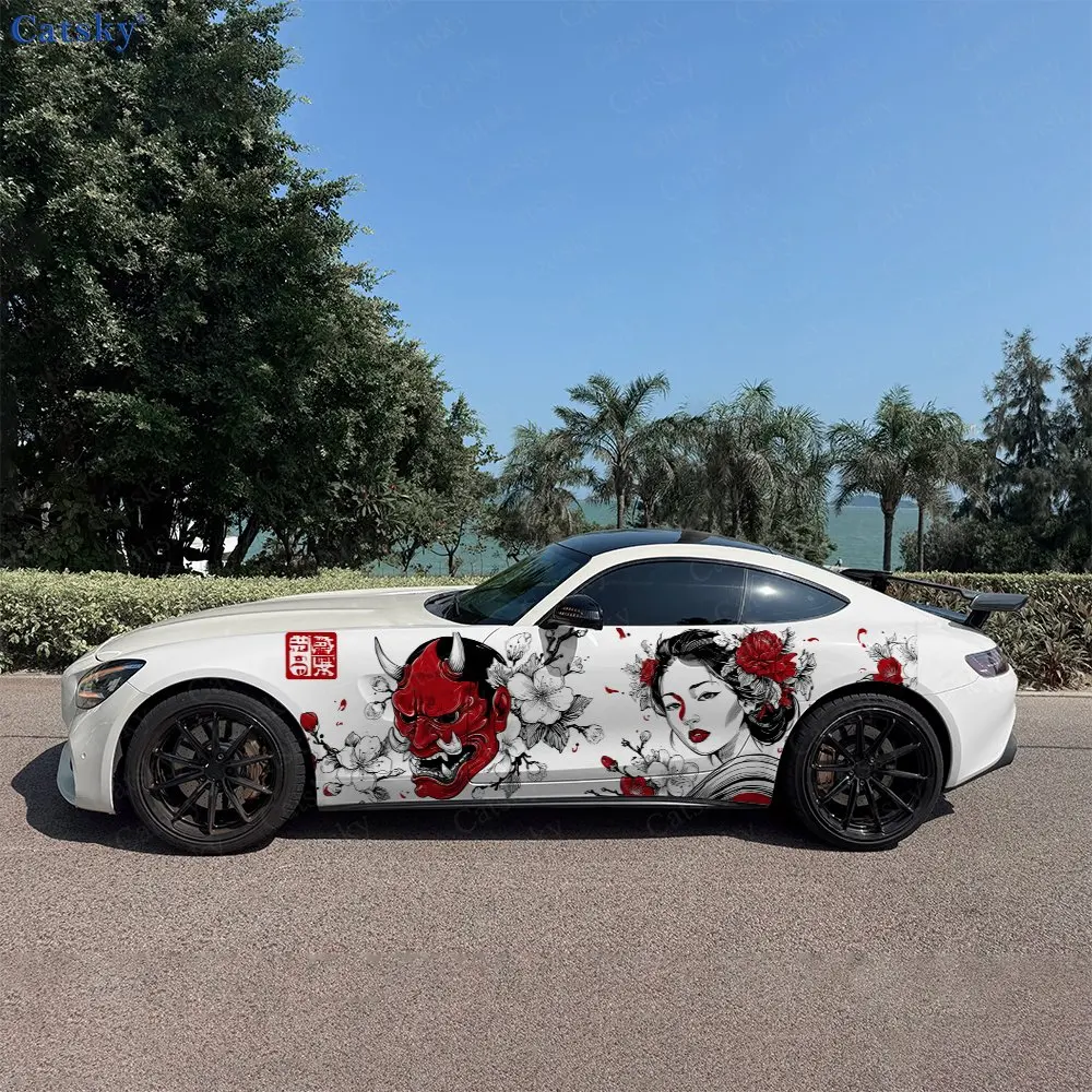 

2pcs Dark Hannya Mask & Sakura Geisha Car Side Wraps, Self-Adhesive PVC Waterproof & Scratch-Resistant Stickers