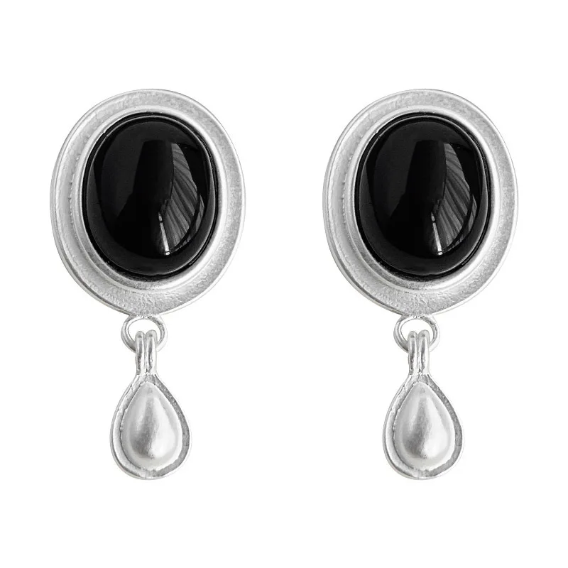 DIY accessories Old money style retro black agate stud earrings cold wind temperament zircon earrings personalized versatile hig view 5