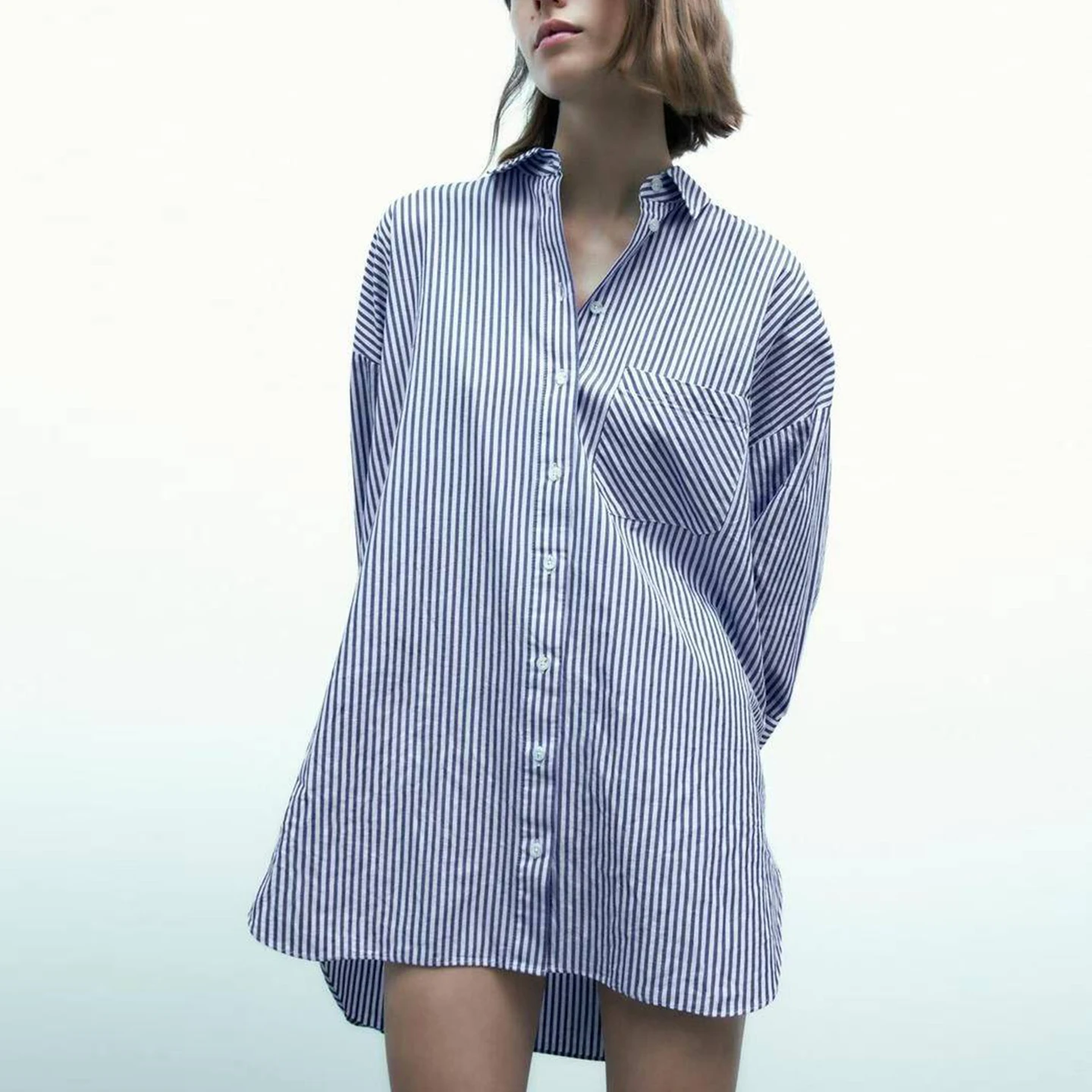 

Ele Striped Loose Fit irt Collar Commute Sle Women's Faion 2025 Summer New Arrival Z Polyester Fiber