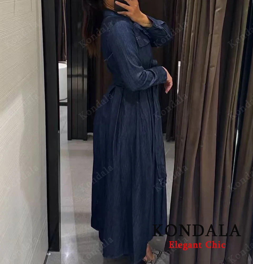 KONDALA Denim riem shirtjurk dames herfst elegante casual slanke lange jurk 2025, herfstmode feest dames sjerpen lange jurk