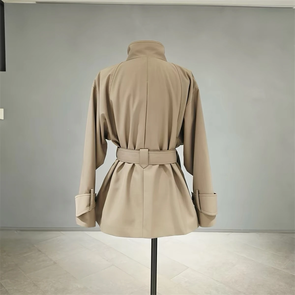 Classic Short Waist-Cinching Wide-Tailored Lapel Coat with Belt Autumn Commute Style Women's Loose Fit Long Sleeve Coat