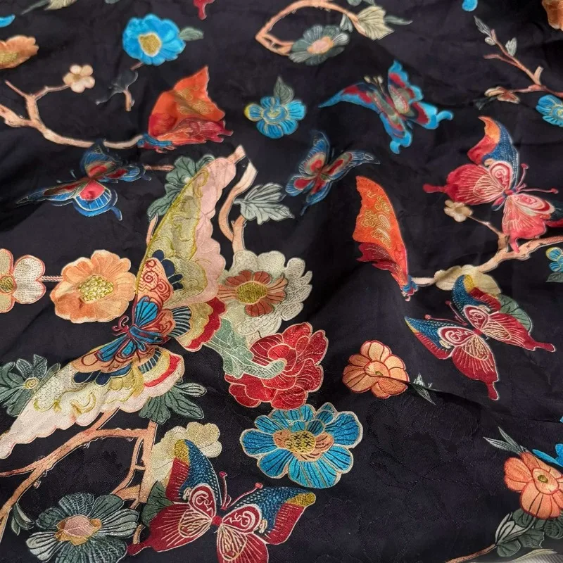 

Rayon Gambiered Silk Fabric Black Butterfly Floral Heavyweight Silky for Qipao Skirt Shirt Spring DIY Sewing Accessories