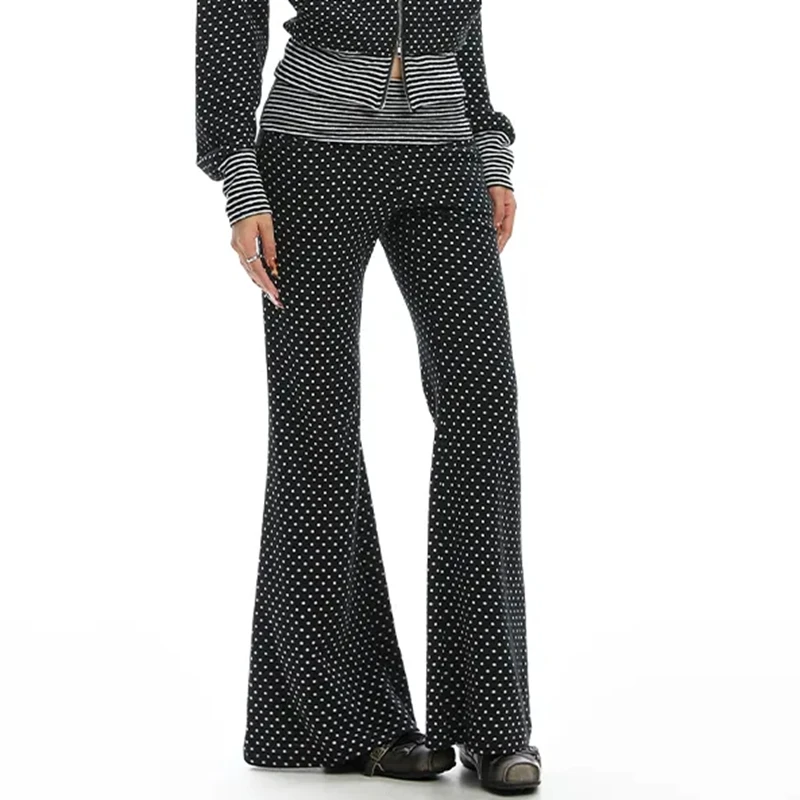 กางเกงขายาวทรงหลวมเอวสูง ปลายขาบานลายจุด แต่งขอบจีบ สำหรับผู้หญิง สไตล์ลำลอง ใส่เล่นโยคะ ใส่พักผ่อน หรือกลับไปโรงเรียน เหมาะสำหรับวัยรุ่น