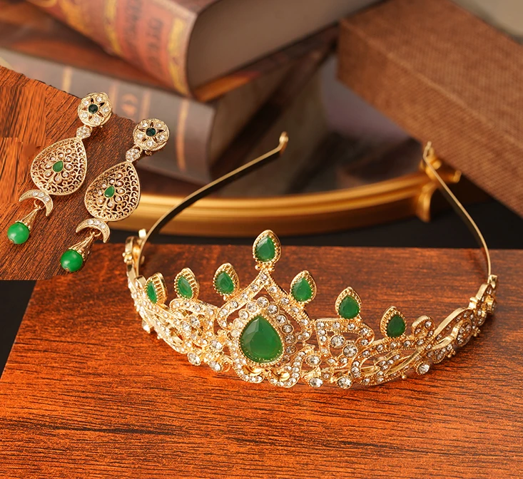 Water Drop Green Red Rhinestone Bridal Crown Morocco Trendy Luxury Gold Plated Bridal Headdress Arabic Wedding Gifts for Women