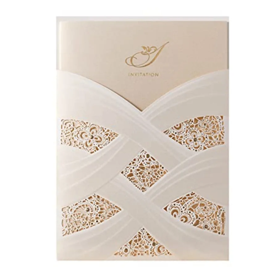Hosmsua 50PCS Blank Wedding Invitations Kit Laser Cut light Gold Hollow Foil Flora Lace Sleeve Pocket with Envelopes for Quince