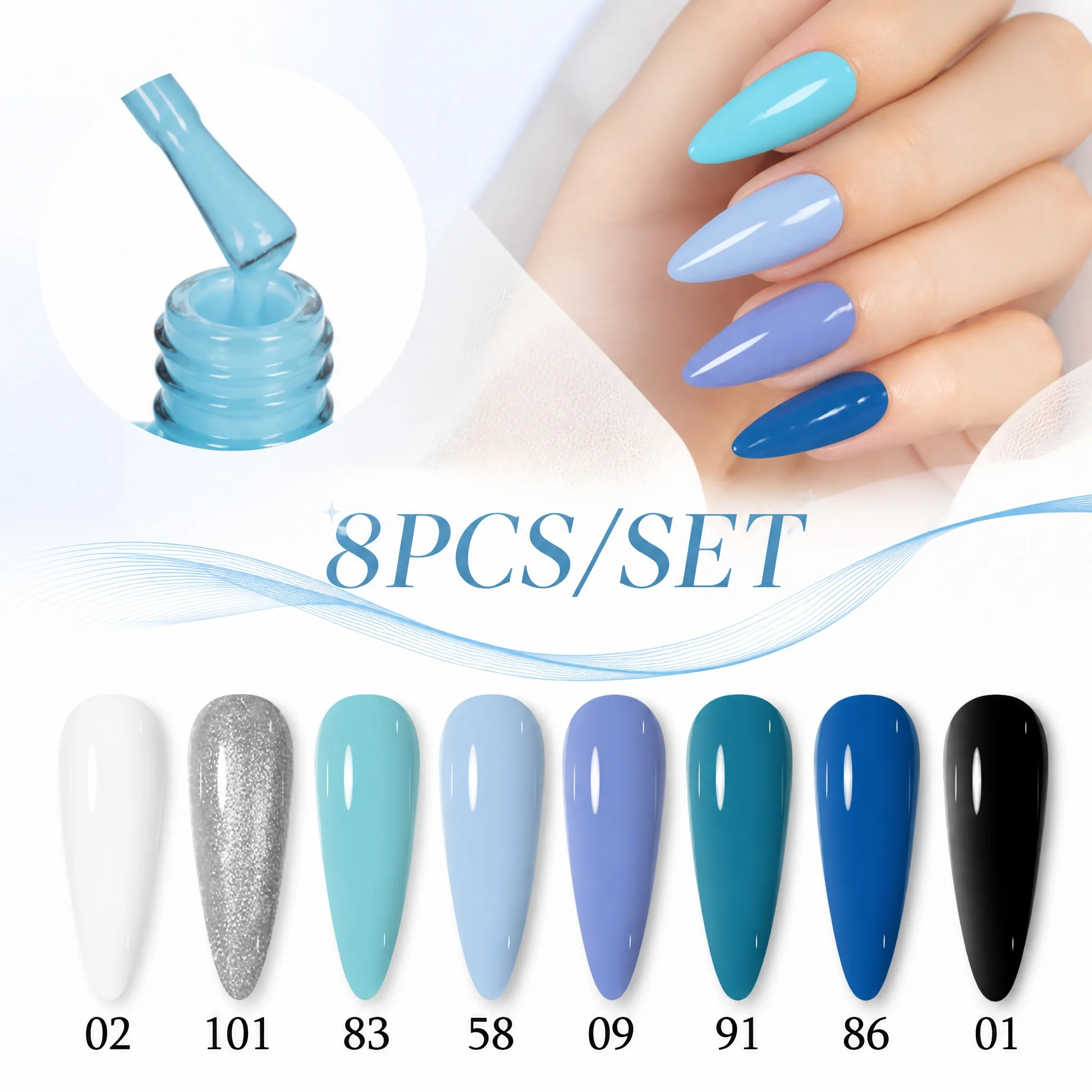 Hassleless 8Pcs Blue-Toned Nail Polish Set, a Combination of Milky White, Silver Glitter, Light Blue, Navy Blue, and Black Cool Tones, with Even and Long-Lasting Color Application, Creating a Cool, Simple, and High-End Nail Art Look