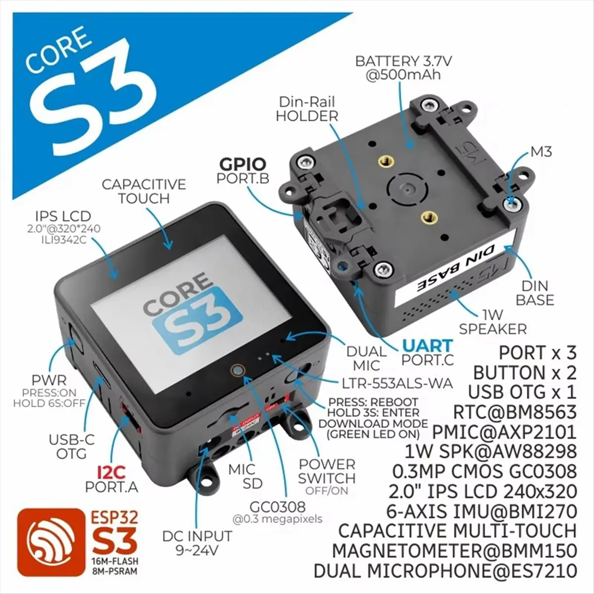 DT75BG For CoreS3 ESP32S3 LoT Development Kit with Din Base for DIY & Smart Control
