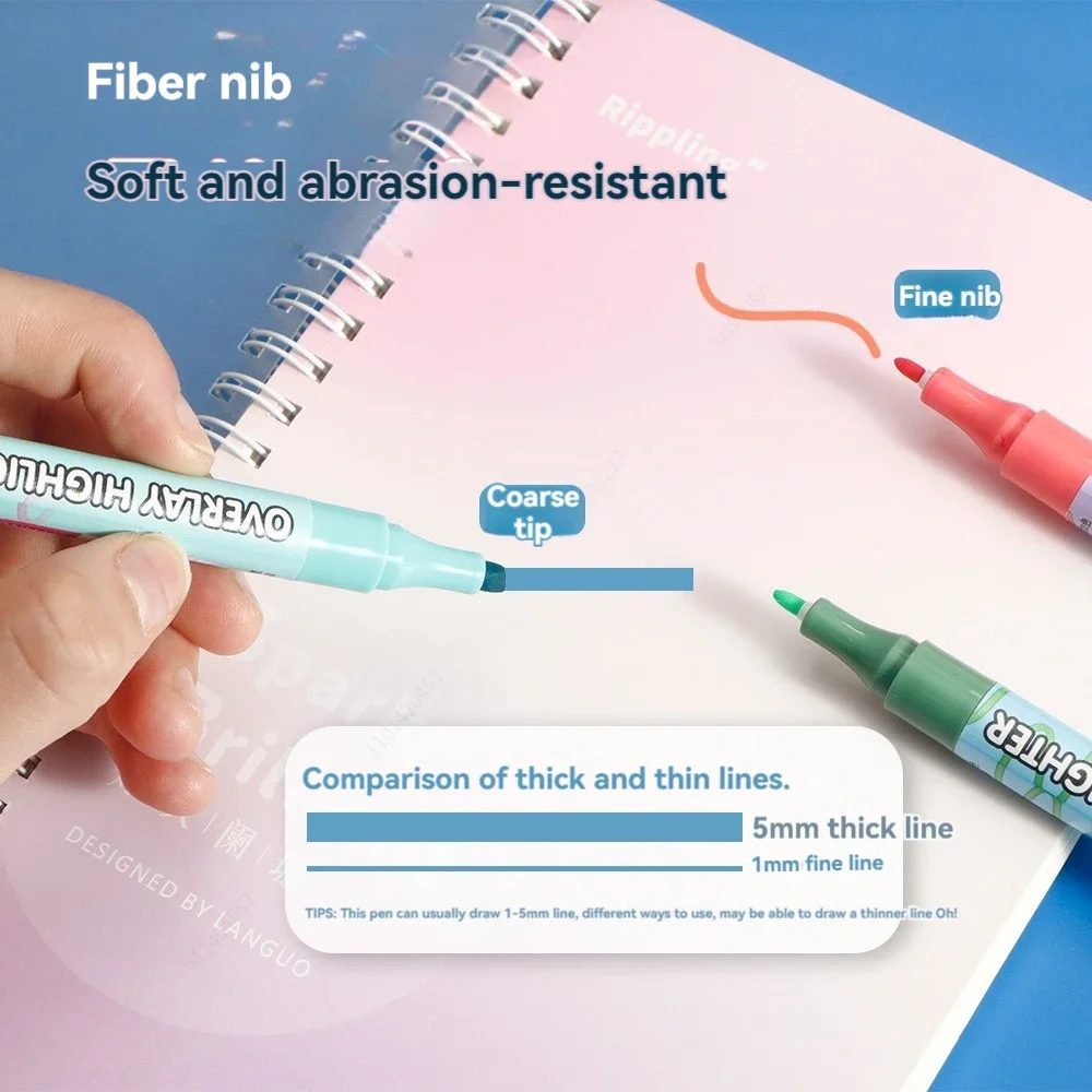 8-teiliges Overlay-Farben-Textmarker-Set, doppelseitig stapelbar, magischer fluoreszierender Kunstmarker, Liner, Zeichnen, Büro, Schule