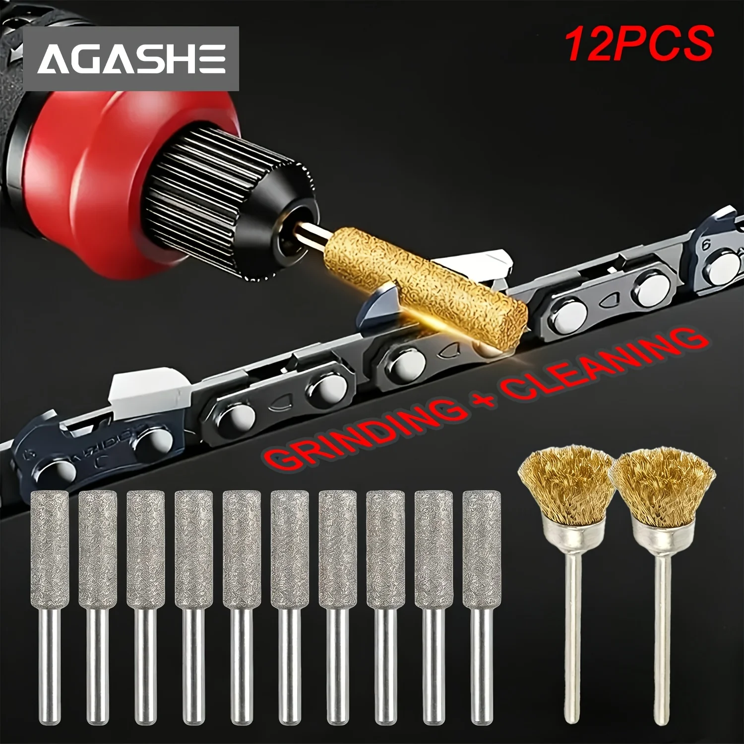 

12-Piece Diamond Chainsaw Sharpening Set, Featuring 10 Grinding Bits And 2 Cleaning Brushes