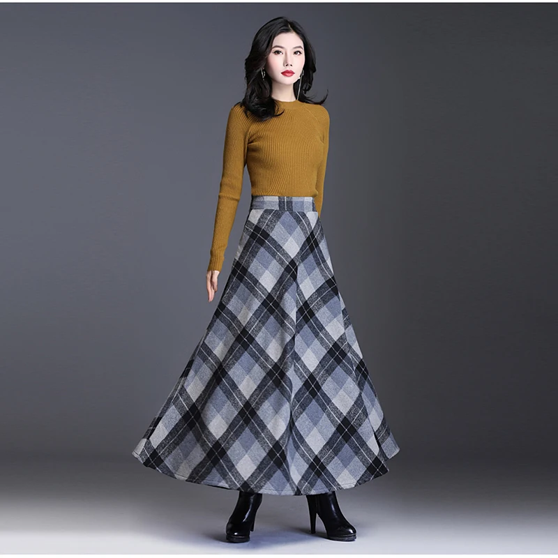 Plus Size 3XL Women Plaid Skirt Thick Warm Elegant Tall Waist Long Skirt 2021 Winter Casual Woolen Long Plaid Skirt Female Skirt