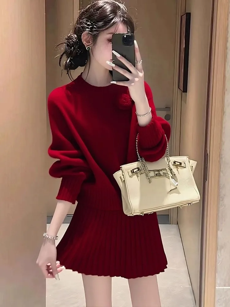 

Red Cisas Sle Knitted Sweater And ort Skirt Two Piece Set Casual Autumn Winter Women's Faion Ensemble High Waist