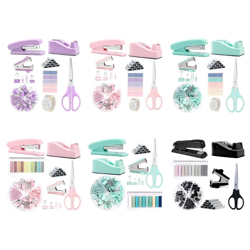 Multifunctional Office Supplies, Document Clip Paper Clip Push Pins Set, Clear Tape, Tape Dispenser Index Tabs Set