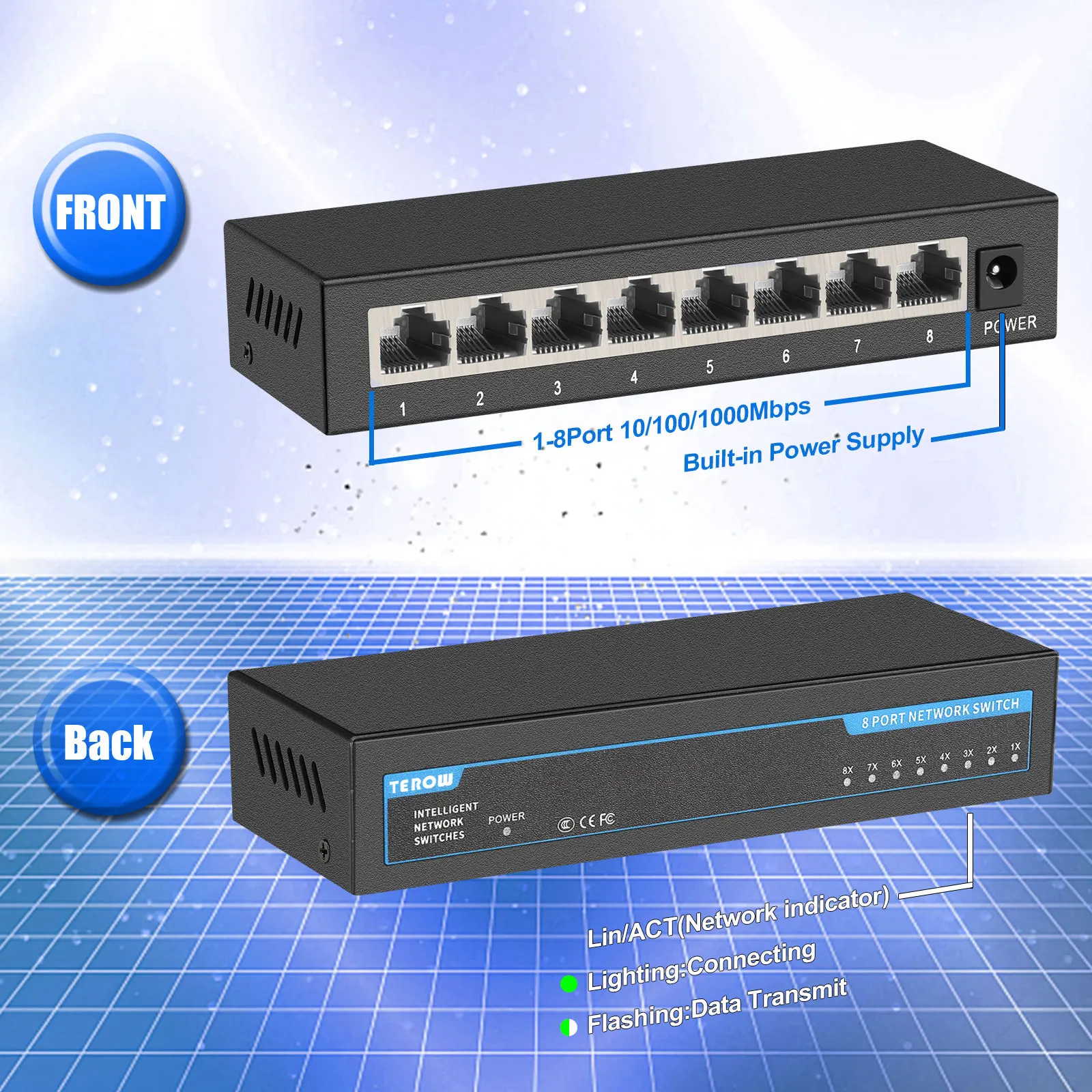 TEROW-8 Portas Switch de rede Gigabit, Hub LAN para câmera IP, RJ45 rápido, 100 Mbps, 1000Mbps, sem POE