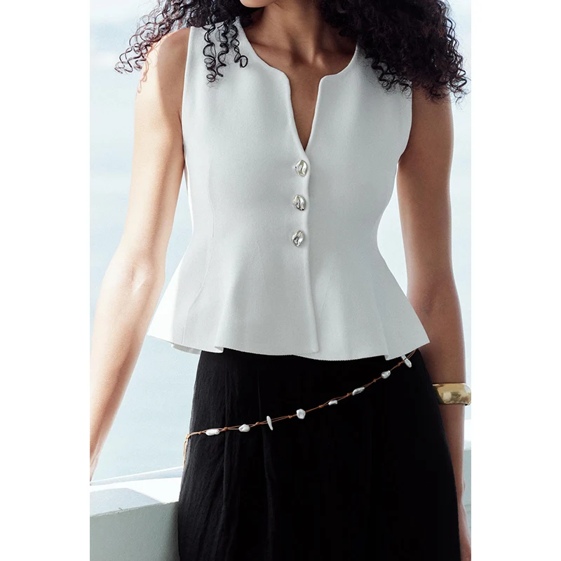 بلوزة نسائية صيفية جديدة محبوكة بتصميم تنورة قصيرة، ياقة مستديرة بسيطة، مزينة بأزرار، طراز 5536075، مناسبة للعمل، تصميم ضيق