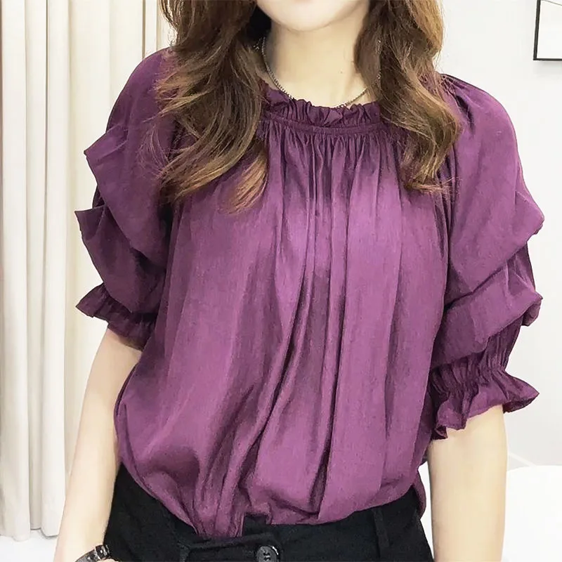 Puff Sleeve Elegant Fashion Half Sleeve Solid Color Pullovers for Women Korean Fashion Loose Chiffon Women\'s Clothing T-Shirt