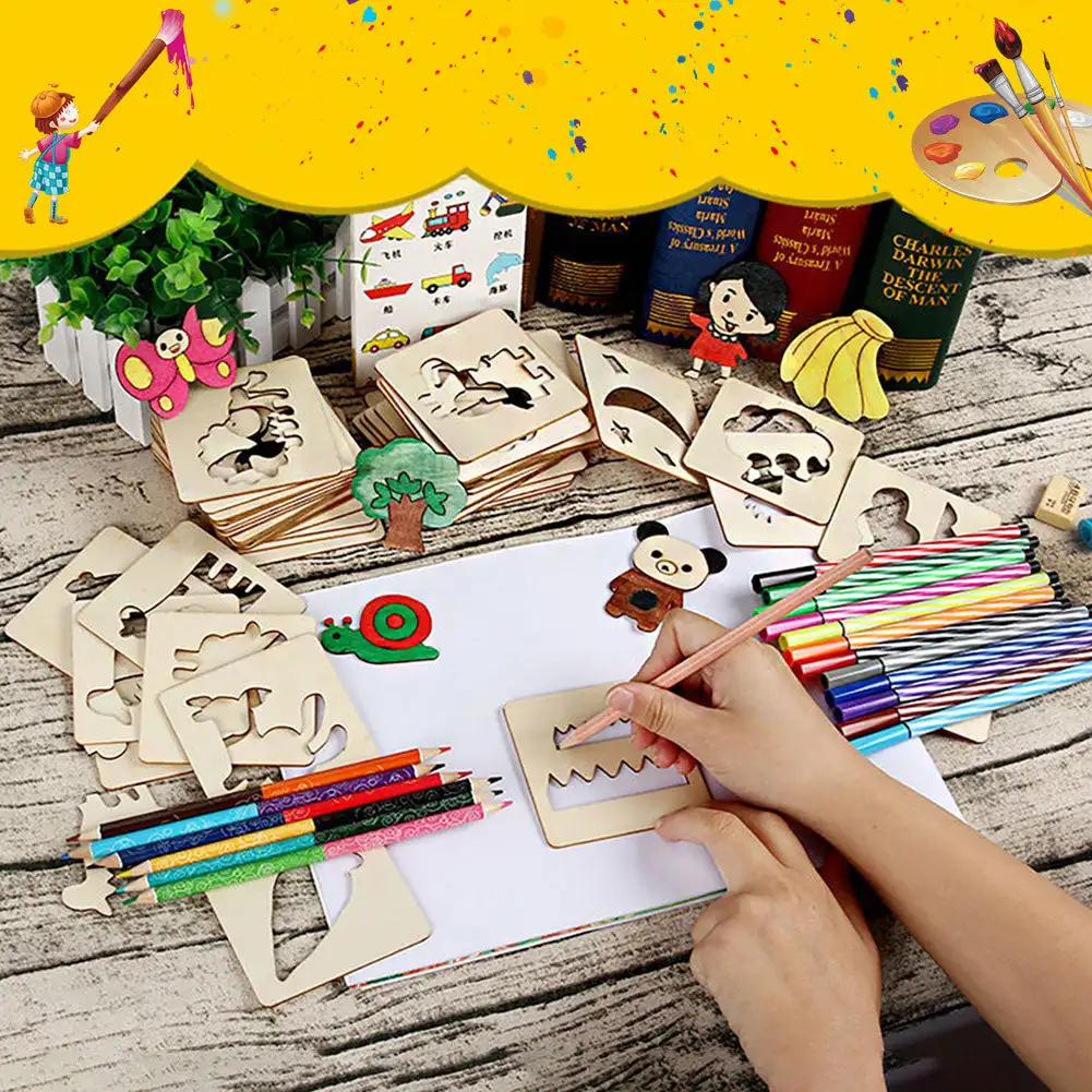 20pcs/Set Montessori Toys Wooden Kids Drawing Toys DIY Painting Template Stencils Coloring Puzzle Learning Educational Toys Gift