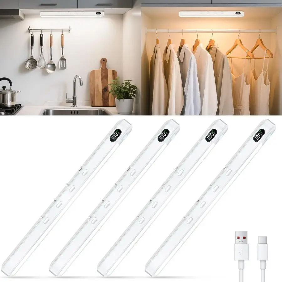 

Under Cabinet amp Closet Lights, Motion Sensor, Rechargeable, Magnetic, 3 Color Temps, Dimmable LED Light Bar for Indoor Kitchen