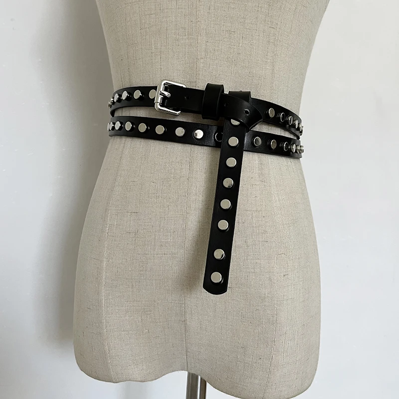 Faja Punk de cuero genuino con remaches a la moda de pasarela para mujer, corsés para vestido femenino, cinturones de decoración, cinturón estrecho TB2925