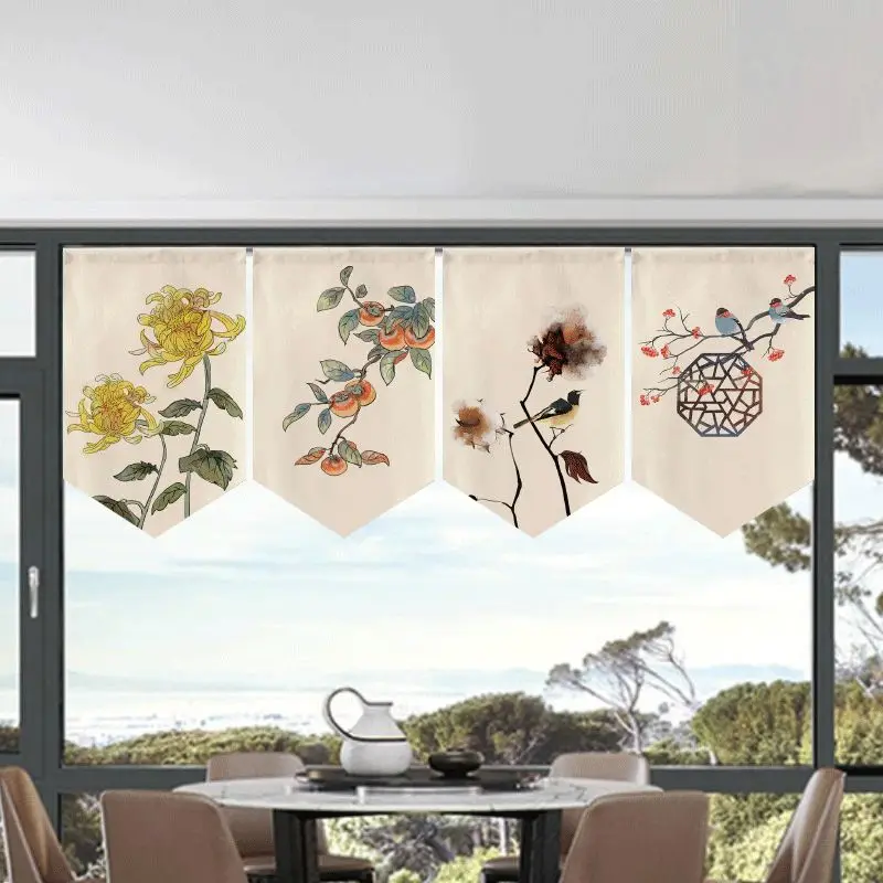 VIKAMA Spring Blossom Triangular Curtain Willow Bridge Peach Swallow Chinese Watercolor Kitchen Window Valance Decor Retro Style