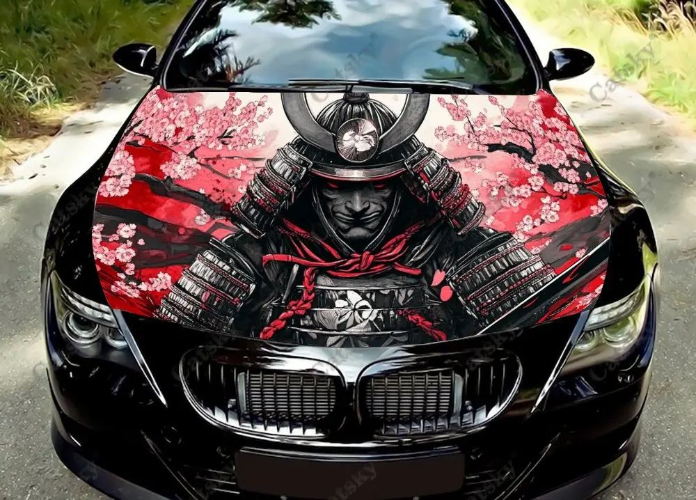 

Красноглазый японский самурай с принтом, обертка на капот автомобиля, цветная виниловая наклейка, графический капот грузовика, автомобильные аксессуары, декоративная наклейка