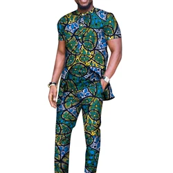 Bazin Riche Men 2 Pieces Pants Sets African Design Clothing African Clothes Casual Men Long Top Shirts and Pants Sets WYN514