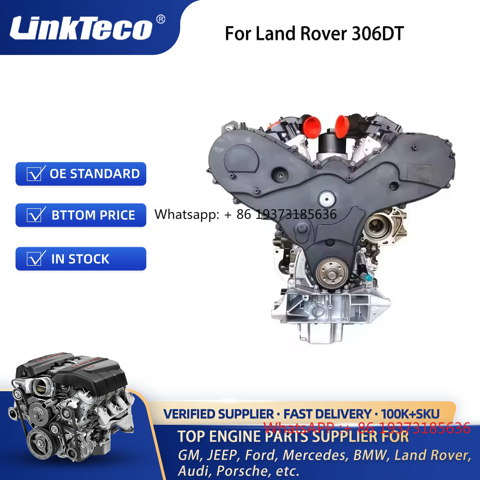 Linkteco Motore Lungo Blocco Cilindri Montaggio per Land Rover Range Rover 306DT 3.0L V6 Motore Auto Diesel LR069659 Ricambi Auto