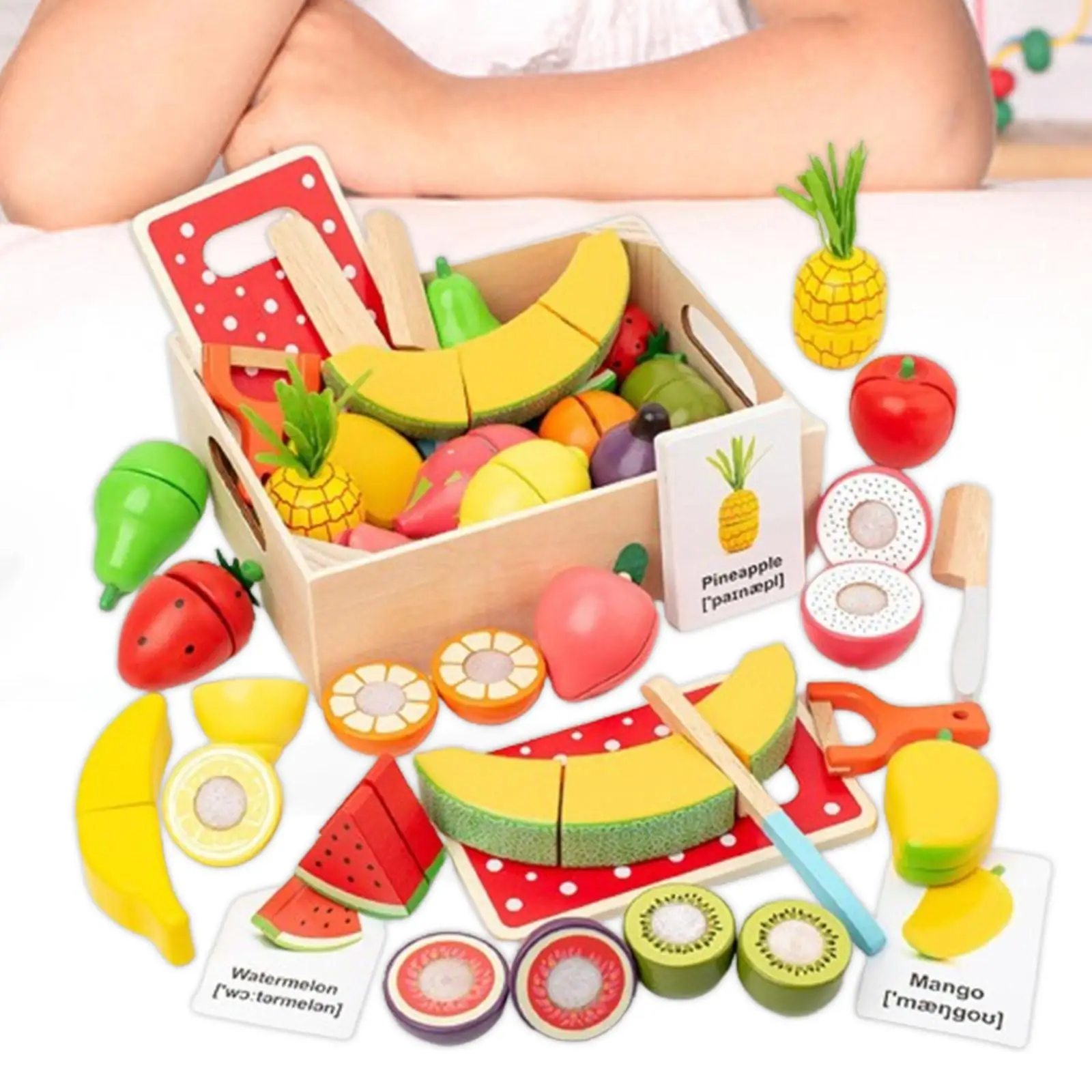 Juego de 19 piezas de cortar frutas y verduras, juego de regalo divertido para el desarrollo de habilidades básicas con caja de madera para niñas de 3 años o más