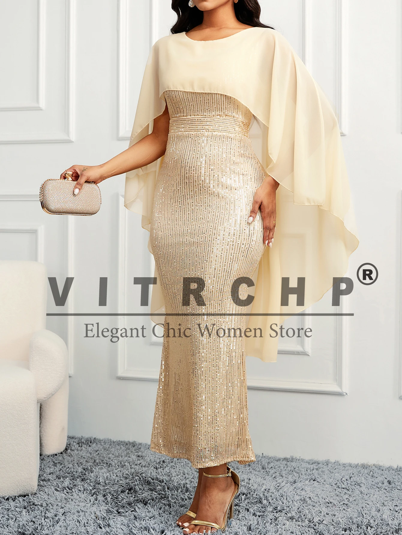 VITRCHP Women\'s Evening Dress Sequined Chiffon Shawl Style Slim Fit Wrap Hip European and American Style Banquet Party Dresses