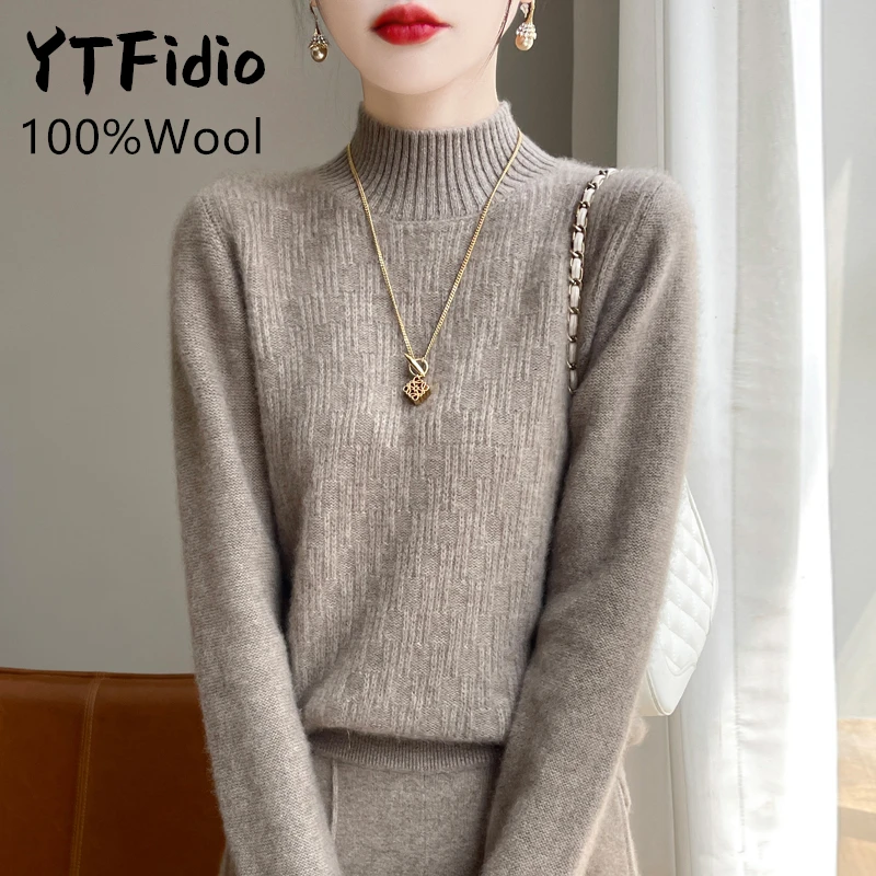 YTFidio 100% Wool Women Half High Collar Solid Elastic Square Shape Pullover Warm Slim Tops Outerwears Knitted Pullover 175