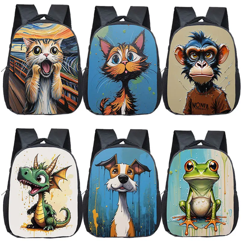 

12 Inch Acrylic Painting Animal Kids Backpack for 2-4 Years Old Dogs Cats Monkey Frog Boys Girls School Bags Toddler Bookbag