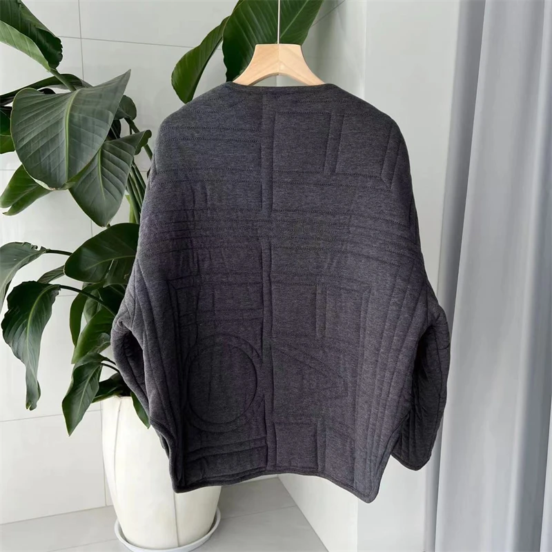 2024 winter new women\'s hemp gray geometric quilted plain knitted cotton coat y2k high quality fashion casual loose jacket coat