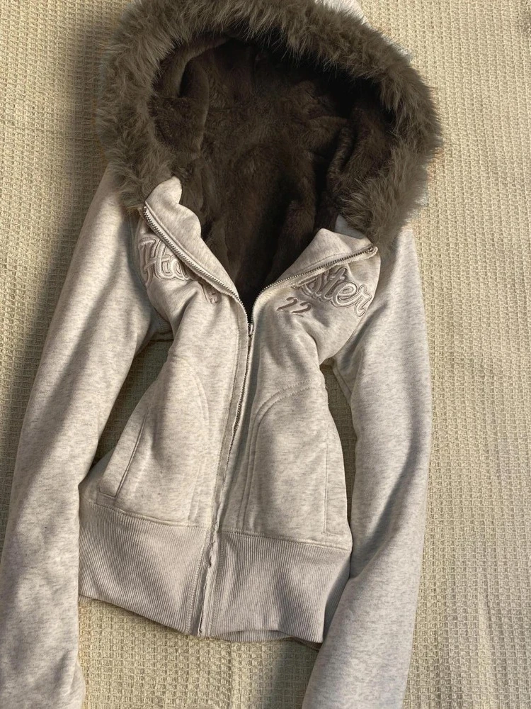 American Retro Gray Letter Embroidered Hooded Hoodie Women Y2k Casual Slim Fit Sweatshirt Autumn Winter Sweet Fashion Coat New