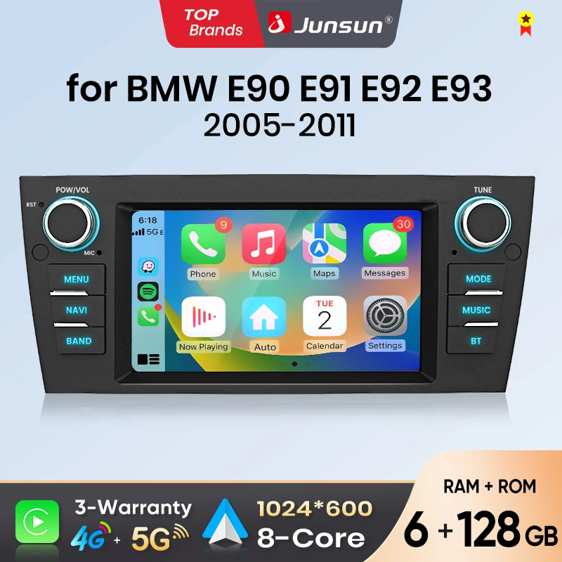 Junsun 7 "sans fil CarPlay Android Auto autoradio pour BMW E90 E91 E92 E93 2005-2011 GPS stéréo multimédia WiFi 4G 8 cœurs RDS