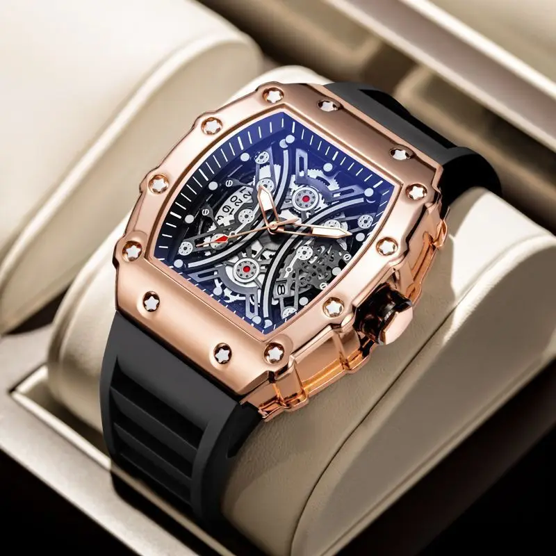 Popular wine barrel shaped men's watch, fashionable trend, fully automatic night light waterproof luxury high-end watch