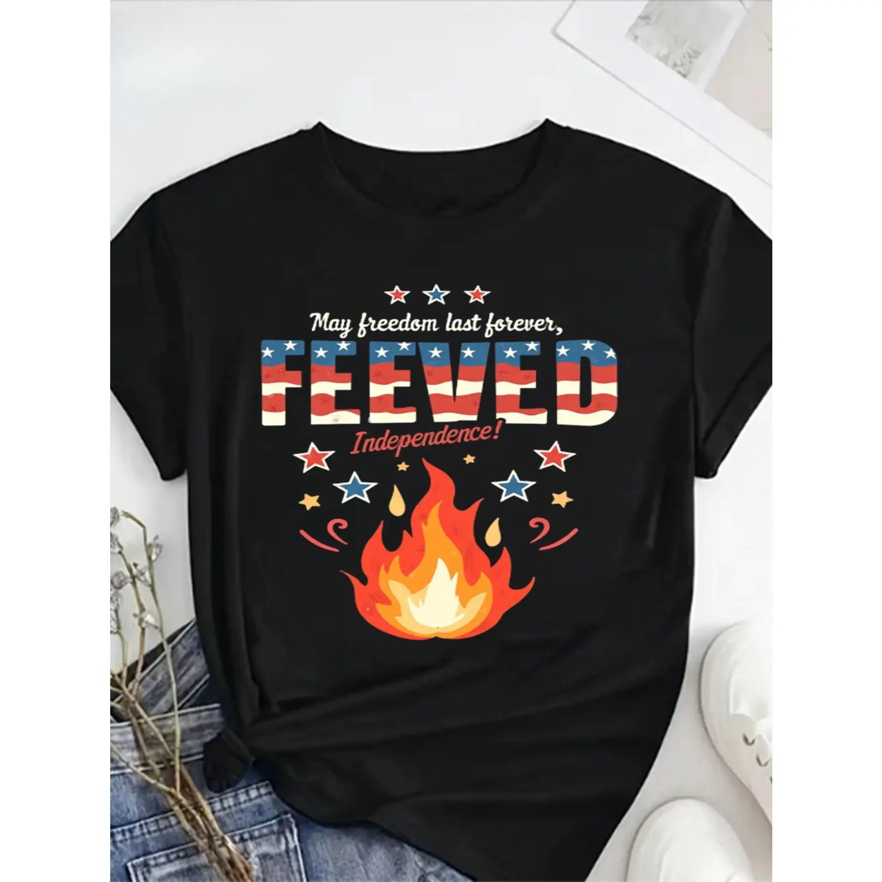 

Women'S Plus Size Patriotic "Freedom Last Forever" Graphic T-Shirt - 100% Short Sleeve Round Neck Tee with Stars, Stripes & Flam