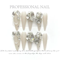 Handmade Press On Nails with Shiny Rhinestone Design Stiletto False Nails Glitter Crystal Pearl Long Pointed Fake Nail Tips