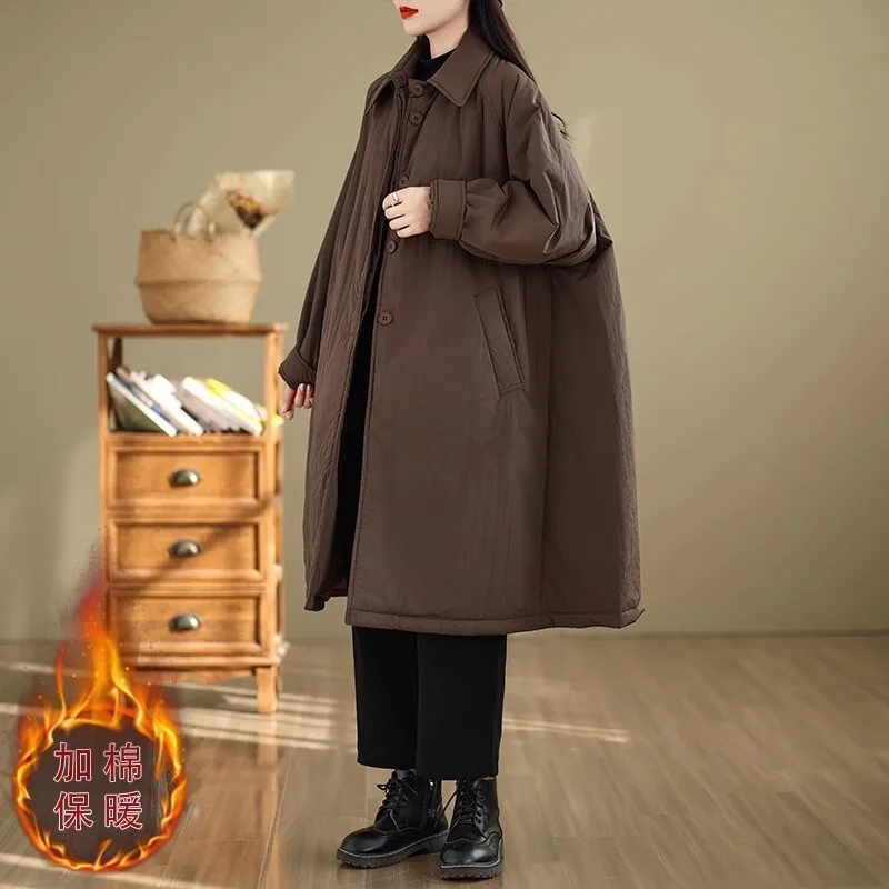 Vefdisa 2024 Herbst Winter Neue Kaffee Frauen Parkas Mantel Revers Langarm Mid-länge Parkas Mantel Retro Warme Parkas mantel ZXY1209A