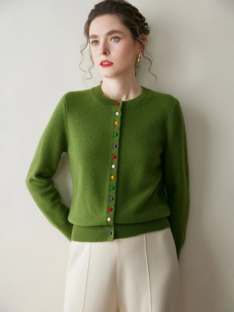 

Chic Exquisite Colorful Buttoned Cardigan O-Neck Autumn Winter Women's 100% Cashmere Sweater Soft Warm Elegant Clothing Tops