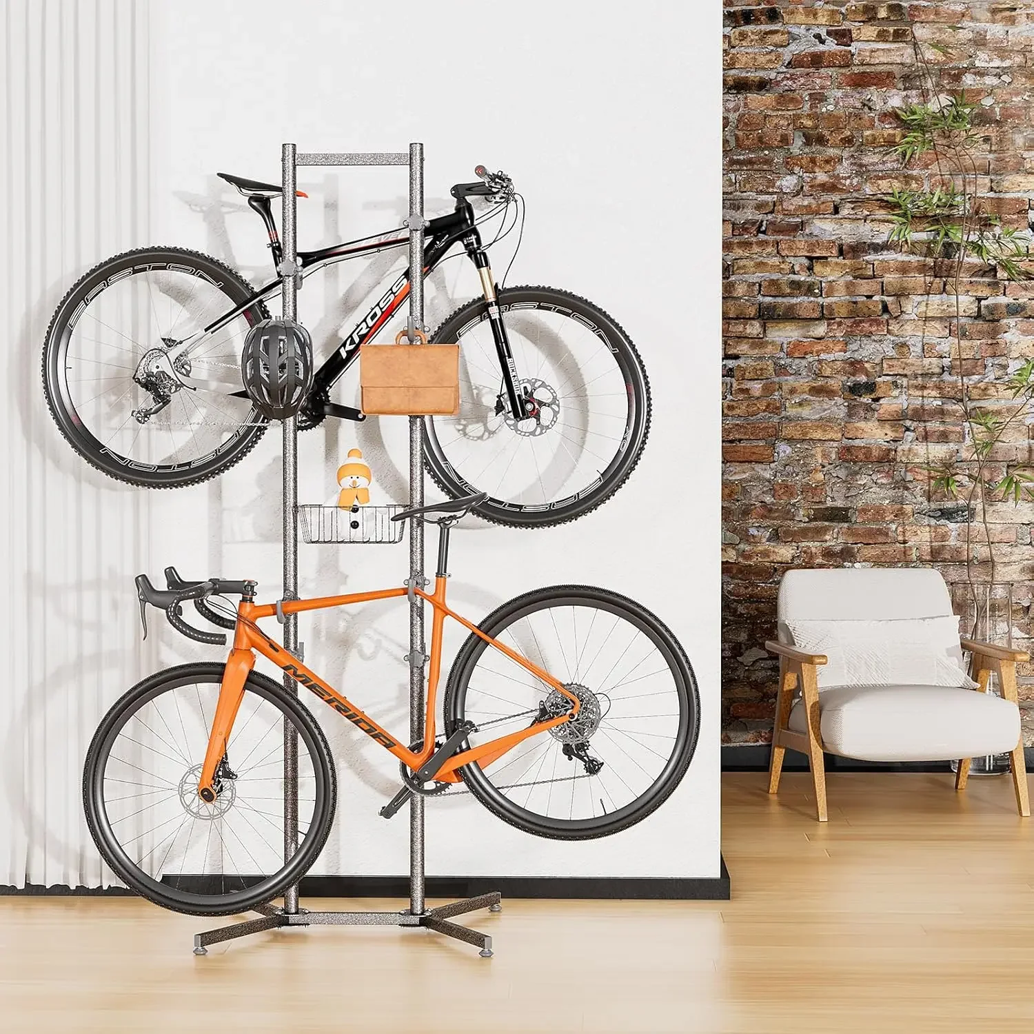 -Storage Rack with Basket - Bike Rack Garage for Road, Mountain and Hybrid Bike Garage & Home (for 4 Bikes)