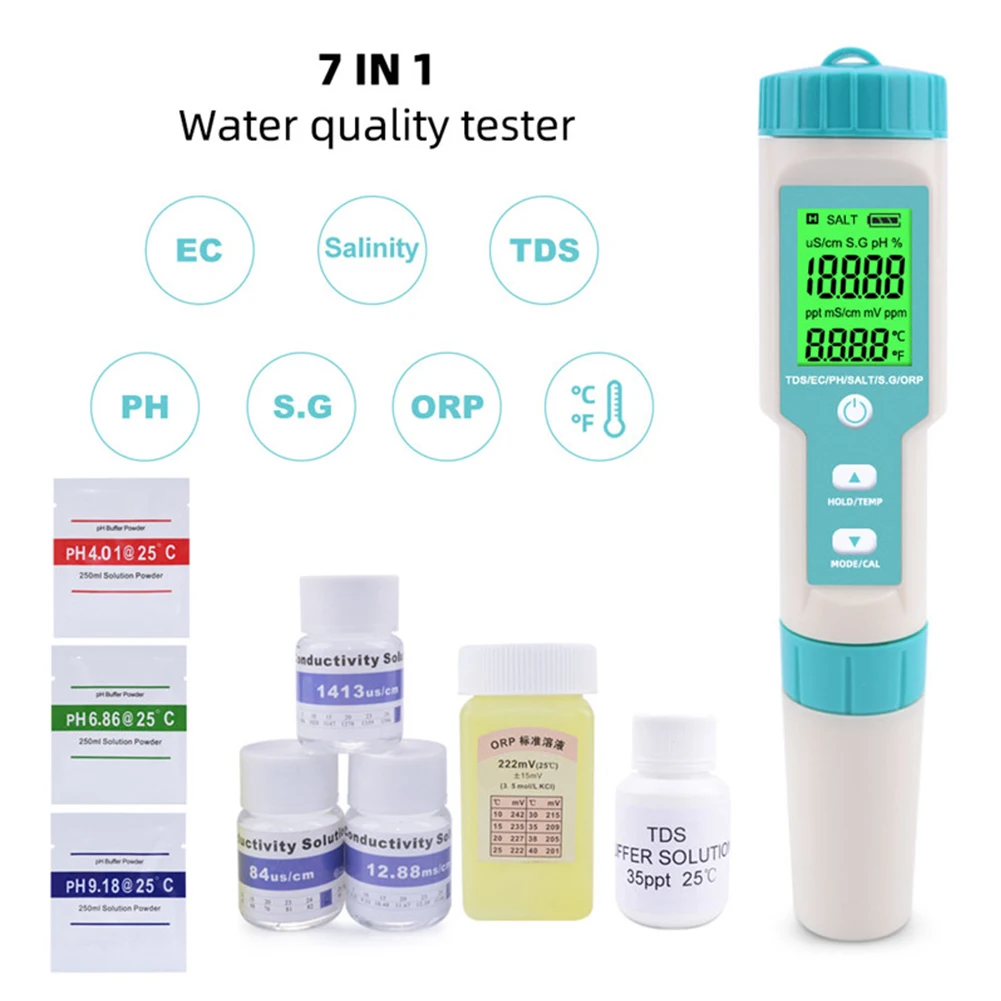 Aquariums PH Meter, 7 in 1 PH/TDS/EC/ORP/Salinity /S. G/Temperature Meter C-600 Water Quality Tester for Drinking Water