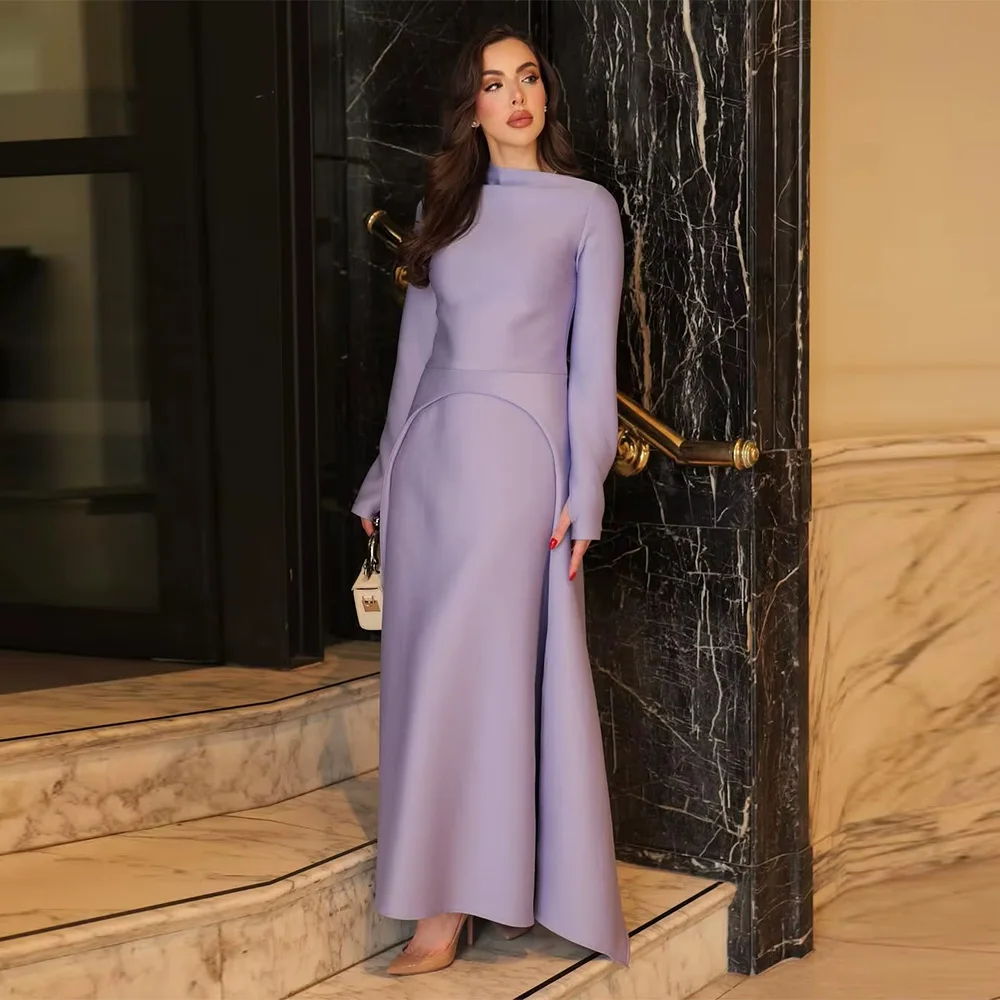 

Simple Purple Satin Evening Dress Customized Long Sleeves O-Neck Homecoming Dress Temperament Straight Special Occasion Gowns