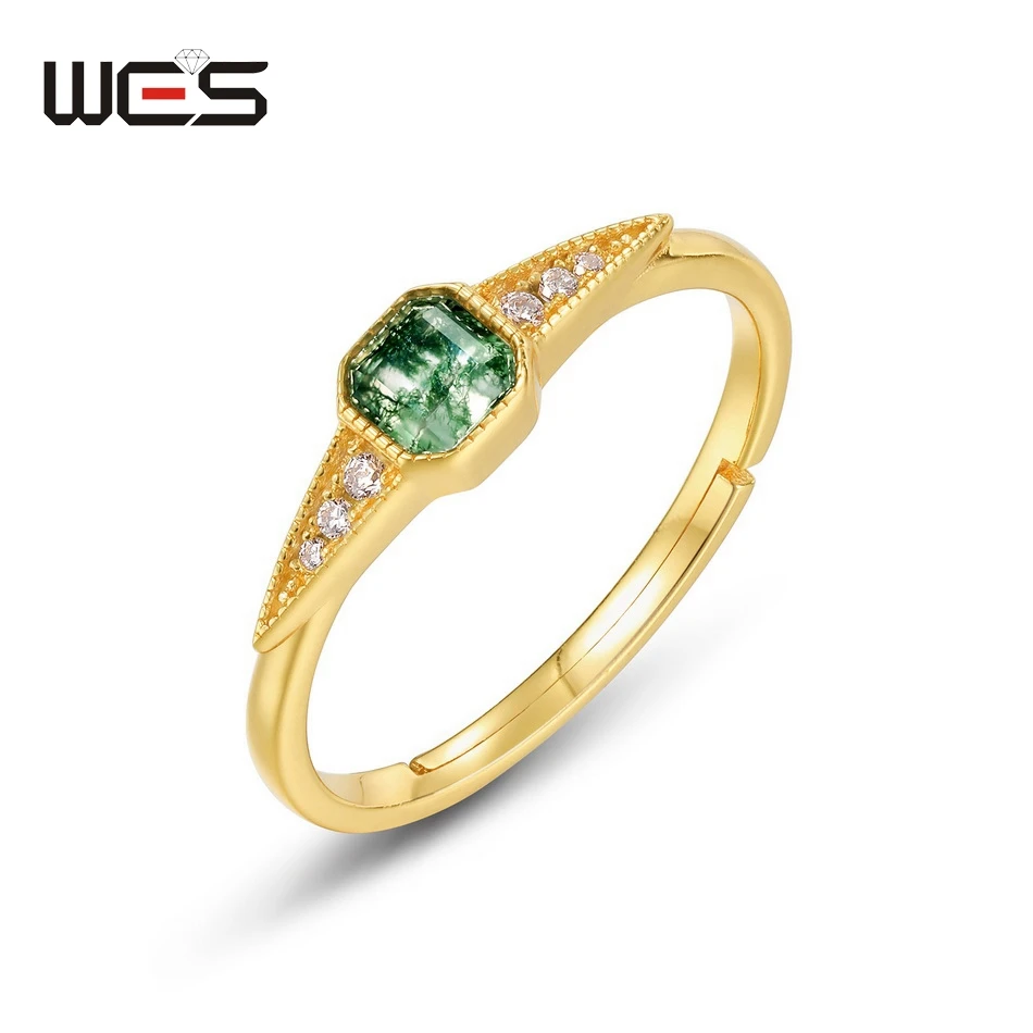 WES 925 Sterling Silver Natural Stone 4*4mm Moss Agate Rings for Women Luxury Jewelry Promise Band Wedding Gift Gold Plated