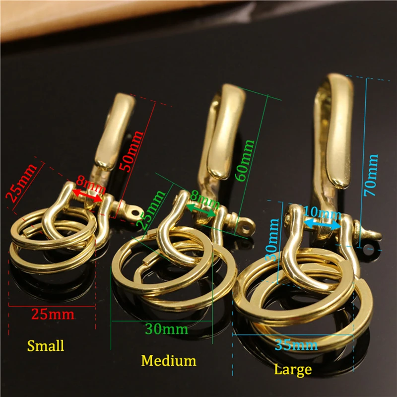 Solid Brass Metal D Shackle U-shape Hook Keychain Key Ring Wallet Chain Hook Belt U Hook with D Bow Shackle Split Rings 3 Sizes