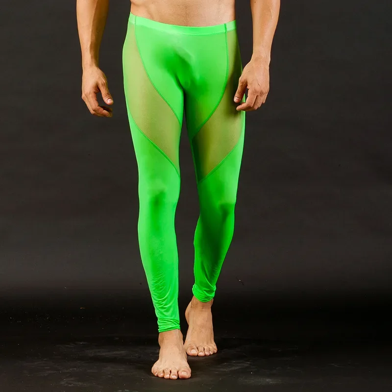 

Men's long johns, thin gauze sexy men tight xex pajamas Ice silk Pants Translucent hollow design comfortable Bottens